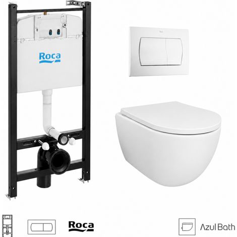 Pack WC Bastidor empotrado ROCA Active cisterna empotrada y pulsador blanco brillo con inodoro suspendido SWISS 53 cm Tornado y Soft-Close de Azul Bath (1/5)