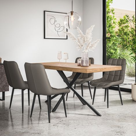 Donni Dining Table And Chairs - Oak Effect Table Top w Black Legs + Nova Faux Leather Dining Chair Set Of 4 (Grey) (1/5)