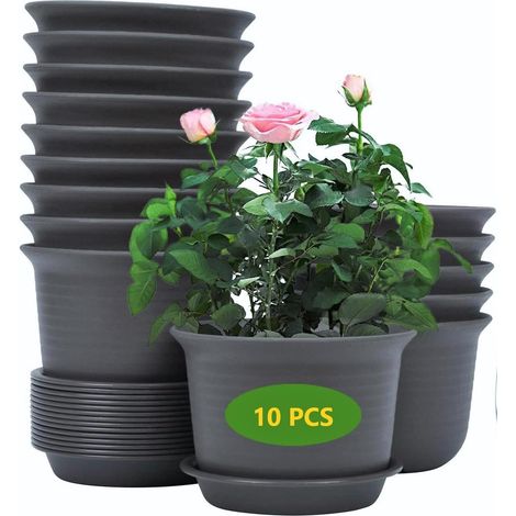 10 Pièces Pots De Fleurs En Plastique, 15cm Épaissir Pots De Fleurs Conteneur De Plantes Pot De Jardinage D'intérieur Avec Palette De Drainage (noir) (1/5)