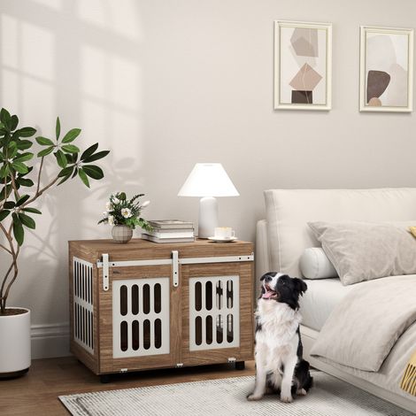 Meuble cage pour chien avec porte coulissante, maison pour chien de moyenne, table d'appoint, 80 x 59 x 63 cm, noyer