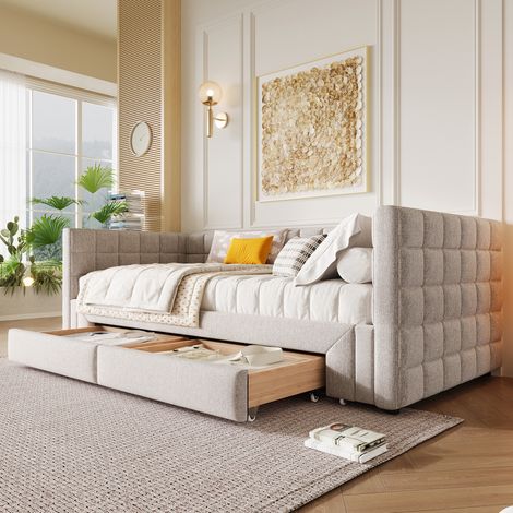 DESMIU Lit banquette 90 × 200 cm 1 place avec 2 tiroirs, sans matelas, en velours beige (1/5)