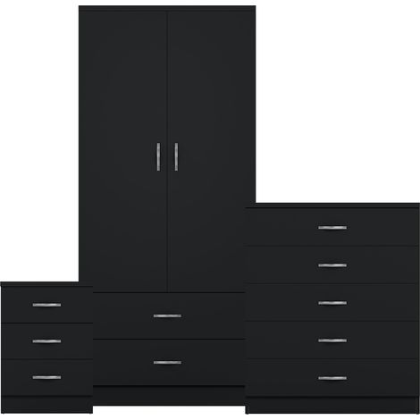 Riano 3 Piece Bedroom Set (3 Drw Bedside Chest, 5 Drw Chest, 2 Door 2 Drw Wardrobe), Black (1/3)