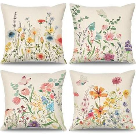 Lot de 4 taies d'oreiller 45x45 cm, fleurs et papillons, coton-lin bio-inspiré, décoration intérieure/extérieure bohème et farmhouse