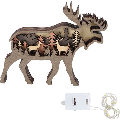 Décoration Lumineuse 3D Forêt Animaux en Bois Sculpture Multilayer avec Guirlande LED Cerf (1/5)