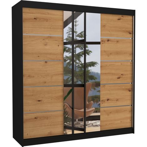 Les Tendances – Armoire chambre adulte 200cm – 2 portes coulissantes avec miroir – Panneau laminé 16mm – Aménagement penderie et étagères réglables (1/5)