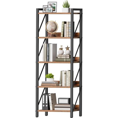 Bibliothèque à 5 Niveaux, Étagère d’Angle Industrielle, Présentoir avec Rangement, Cadre métallique, pour Salon, Chambre, Bureau, Cuisine, entrée, Marron Rustique et Noir (1/5)
