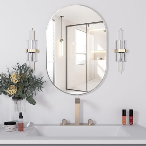 Miroir de Salle de Bain Ovale de 50 x 75 cm argenté, Miroir de Salle de Bain pour pilulier sur évier, Miroir Mural Capsule, Miroir Moderne avec Cadre en métal pour décoration Murale (1/5)