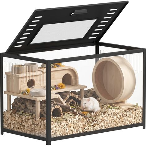 Cage Hamster en Acrylique et Métal avec Base Profonde, Couvercle Ouvrant, Aérations Latérales, 80x45x50,5cm, Noir (1/5)