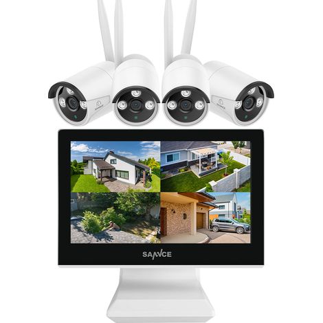 SANNCE Sistema di telecamere di sicurezza wireless 10CH, NVR 5MP monitor LCD da 10,1'', 4 telecamere IP, rilevamento movimento, remoto APP, 4TB HDD