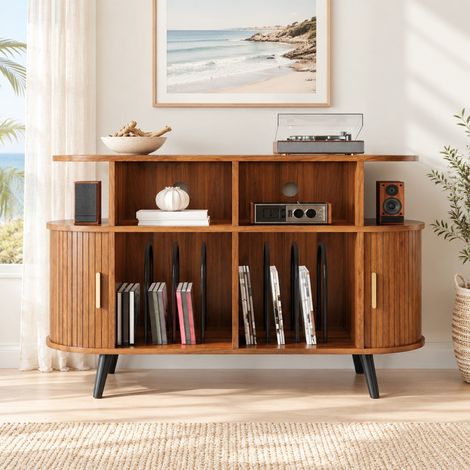 Meuble de rangement pour vinyles, sideboard en MDF bois foncé 110 x 40 x 76 cm, portes coulissantes rainurées, station de charge et passe-câbles, de CHICFURN (1/5)