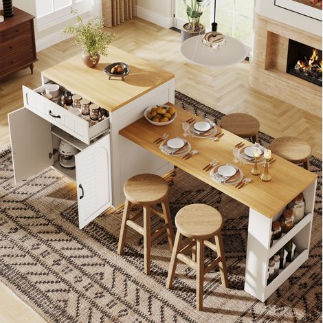 Îlot de cuisine 80x70x95.5 cm blanc en MDF et métal avec table coulissante et grand rangement (1/5)