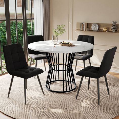 Ensemble repas rond 100cm avec 4 chaises en velours noir, plateau mdf blanc et pieds métal noirs (1/5)