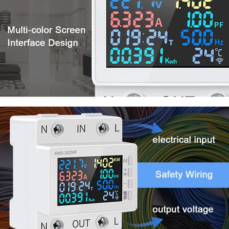 Misuratore di potenza 8 in 1, display a colori, 2P, multifunzione, alimentazione CA, 170-270 V/63 A, tensione e corrente, montaggio su guida standard. (1/5)