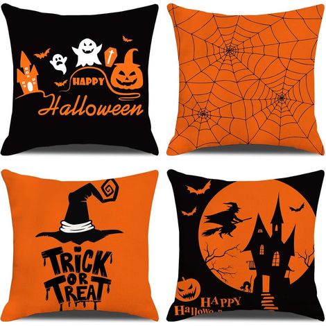 Dekorative Halloween-Kissenbezüge, 4er-Set Kissenbezüge aus Baumwolle und Leinen für Sofa, Schlafzimmer, Wohnzimmer, 45 x 45 cm (1/4)