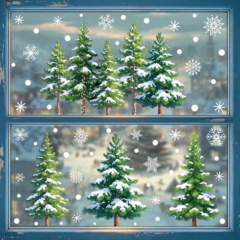 Stickers de fenêtre sapin de Noël, stickers de fenêtre ambiance hivernale, flocons de neige blancs, scène enneigée, décorations de fenêtre statiques forêt