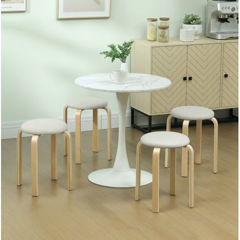 MEUBLIV Lot de 4 tabourets empilables crème blanc en bois et tissu aspect lin (1/5)