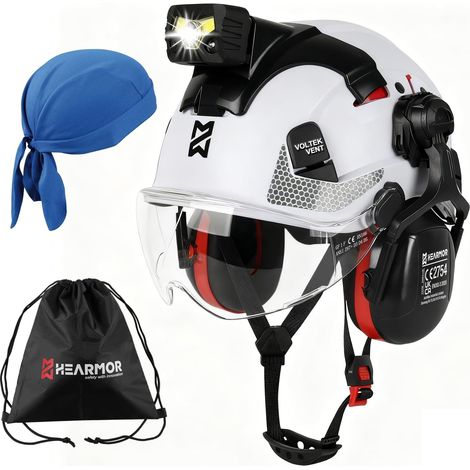 Casque de protection industriel avec lampe frontale LED + visière et protection auditive  Pour travaux forestiers, travaux de construction et escalade  Casque de (1/5)