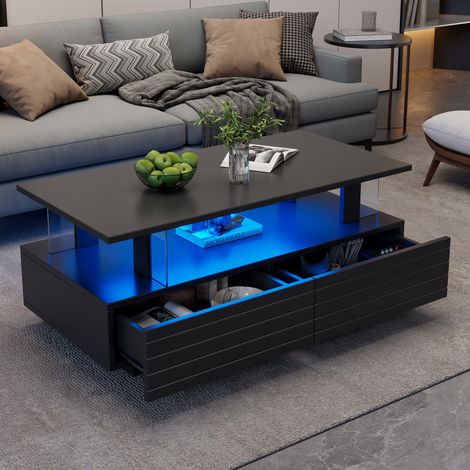 Tavolino LED 100×50×42,5 cm, 2 cassetti con vano portaoggetti aperto, tavolo da soggiorno/camera da letto, fibra acrilica, nero (1/5)