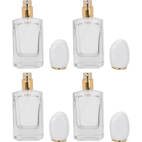 Lot de 4 flacons de parfum rechargeables en verre, vides, avec vaporisateur et diffuseur de parfum (50 ml), couvercle blanc. (1/5)