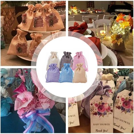 Lot de 30 sacs en tissu à cordon de serrage (9 x 12 cm), 6 coloris, en lin, sacs cadeaux anti-poussière pour Noël, mariages et fêtes. (1/5)