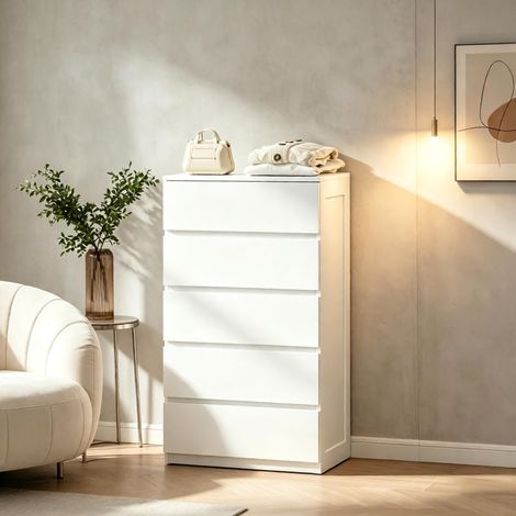 Commode étroite 5 tiroirs blanc 60x39x100 cm, design moderne sans poignée, pour salle de bain, entrée & couloir (1/5)