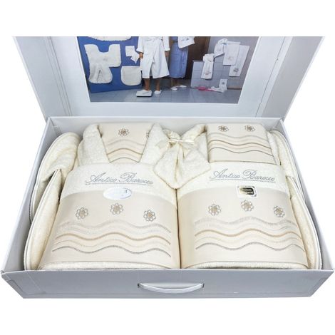 Tex Family – Salle de bain complète en éponge brodée – 14 pièces avec 2 peignoirs, 2 serviettes, 4 chaussons – Design antique baroque – Made in Italy (1/5)