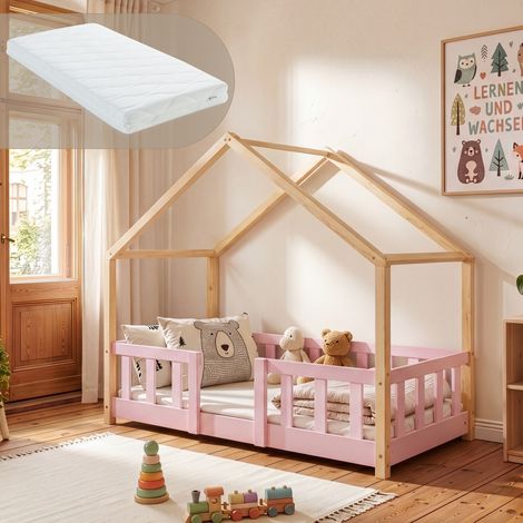 Kinderbett Treviolo 70x140 cm mit Kaltschaummatratze und Gitter Rosa/Natur [en.casa] (1/5)