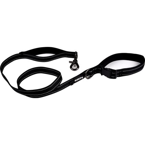 Laisse double poignées nylon et néoprène réfléchissante 150cm noir