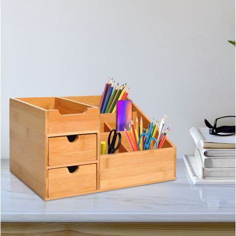 Organizer da scrivania in bambù con 2 cassetti, 7 scomparti, naturale 33 x 20,5 x 15,5 cm DESVIAE (1/5)