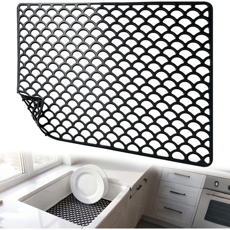 Black Sink Protector Mat – 45.5 × 31 cm – Perforated Silicone – Non-slip Feet 1 cm – Resistant 446 °F – Black Silicone Sink Protector Mat for Stainless Steel Tray, Resin, Ceramic (1/5)