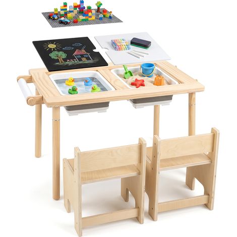 Table et 2 Chaises Enfant en Bois, avec 2 Casiers, 2 Plateaux de Construction, 2 Crochets, pour Chambre à Coucher, Salle de Jeux, 86 x 55 x 43/51 CM (1/5)