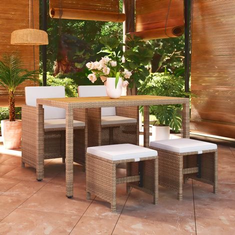 vidaXL 5 Piece Garden Dining Set with Cushions Poly Rattan Beige