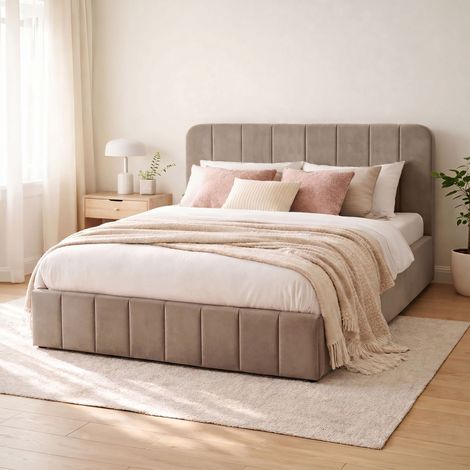 Lit coffre 140x190 velours marron avec tête de lit + sommier à lattes (1/5)