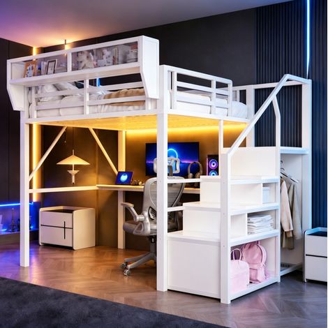 Lit mezzanine 140x200 cm avec bureau, étagères modulables et LED, en métal, blanc, sans matelas (1/5)