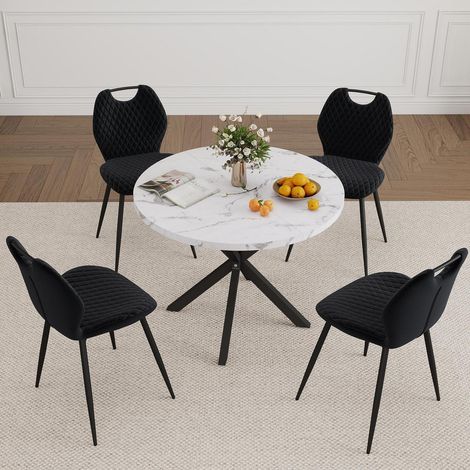 5-teiliges Esstisch-Set: Runder 100cm Tisch mit 4 Samtstühlen, Marmoroptik+Schwarz (1/5)