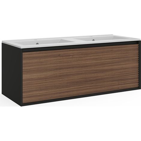 Meuble de salle de bain suspendu strié avec vasque à encastrer - Coloris naturel foncé et noir - 120 cm - BANIVA