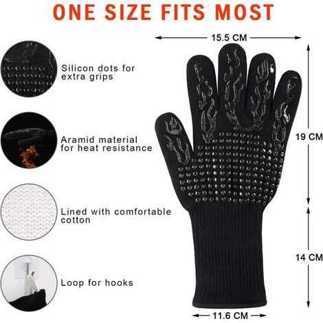 Guanti da barbecue, guanti da cucina, guanti da forno antiscivolo in silicone, resistenti al calore fino a 800°C, certificati EN407, guanti da barbecue in silicone - neri (1/4)