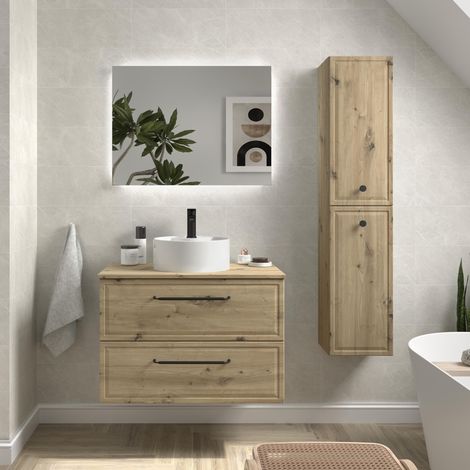 Mueble de Baño RUNA 80cm Roble 2 cajones Lavabo sobre encimera 1 poza Porcelana (1/5)