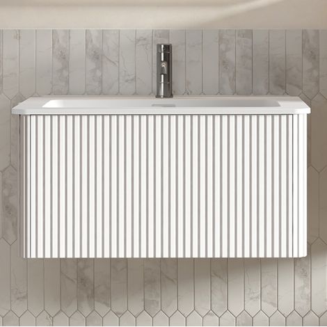 Meuble vasque suspendu 80 cm avec vasque Solid Surface rainurée, blanc, REDOM (1/5)