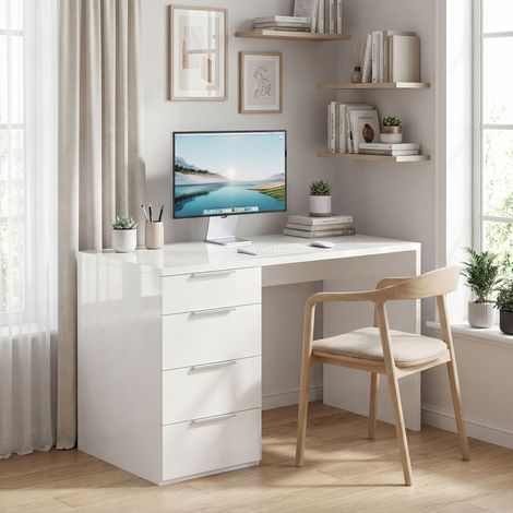 Scrivania per computer lucida con 4 cassetti, 110 x 60 cm, scrivania con contenitore, stile moderno, bianca
