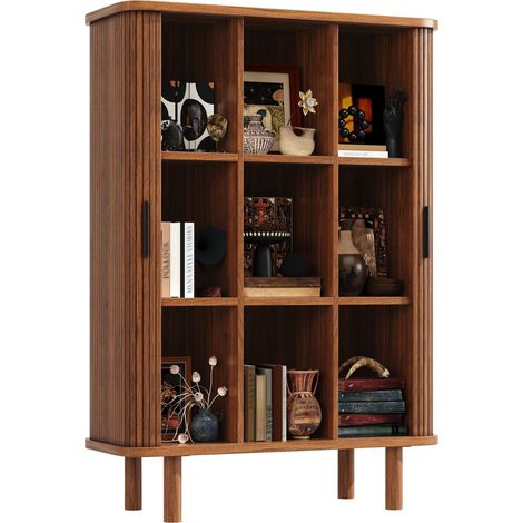 Armario Auxiliar con Puerta de Persiana y Estantes Ajustables, MDF y Madera Maciza, Marrón Oscuro, 110 x 40 x 160 cm (1/5)