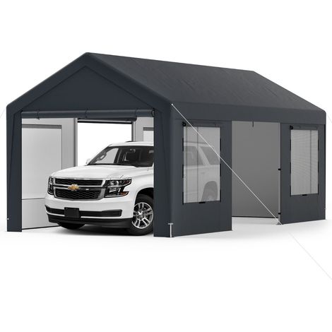 Abri de voiture 595 x 300 x 280 cm extérieur protections toutes saisons avec 8 parois amovibles design contemporain en pe gris