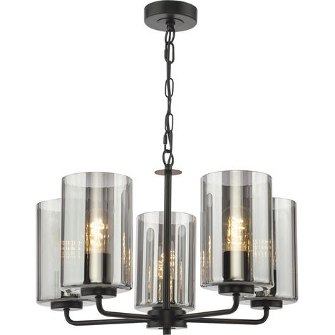 Dar Daylin Suspension Daylin à 5 lumières, finition noir satiné et verre fumé côtelé (1/5)