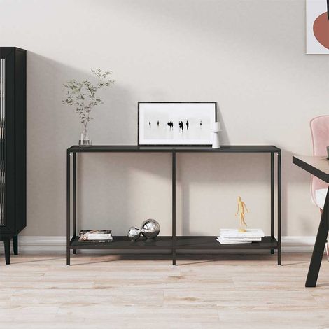 Table console noire avec étagère en verre trempé et acier 140 x 35 x 75,5 cm - PANGIVO (1/5)