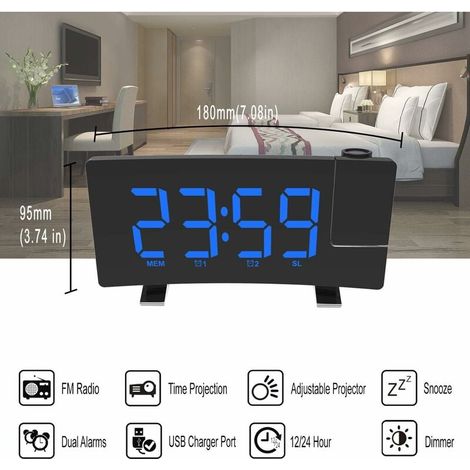 Radio Réveil à Projection, Réveil Projection Plafond 180°, Horloge Numérique FM USB avec Double Alarmes, Snooze, Minuteur de Mise en Veille, 12/24h, Grand écran LED avec Gradateur (Bleu) (1/5)