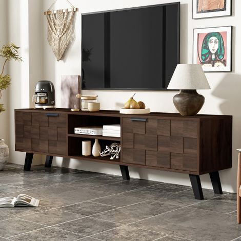 Meuble TV bois foncé avec 2 portes, 2 étagères ouvertes - Idéal pour salon, 160,5x35,5x45 cm (1/5)