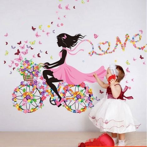 Stickers Muraux - Fées - Fleurs et Papillon - PVC Imperméable - Décoration Enfant - 90x60 cm (1/2)