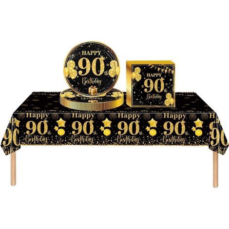 Partygeschirr 90. Geburtstag Schwarz Gold 37tlg. Tischdeko für Damen & Herren