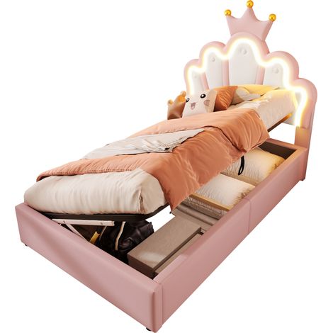 Lit coffre 90x200 cm en PU rose, LED intégrée, tête de lit réglable, ouverture hydraulique, sans matelas (1/5)