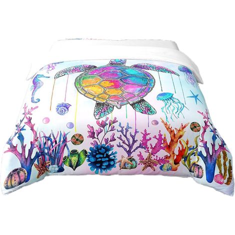 Parure de lit 100 % coton avec housse de couette 135 x 200 cm et 1 taie d'oreiller respirante Motif tortue de mer arc-en-ciel Ombre Méduses Corail aquarelle (1/5)